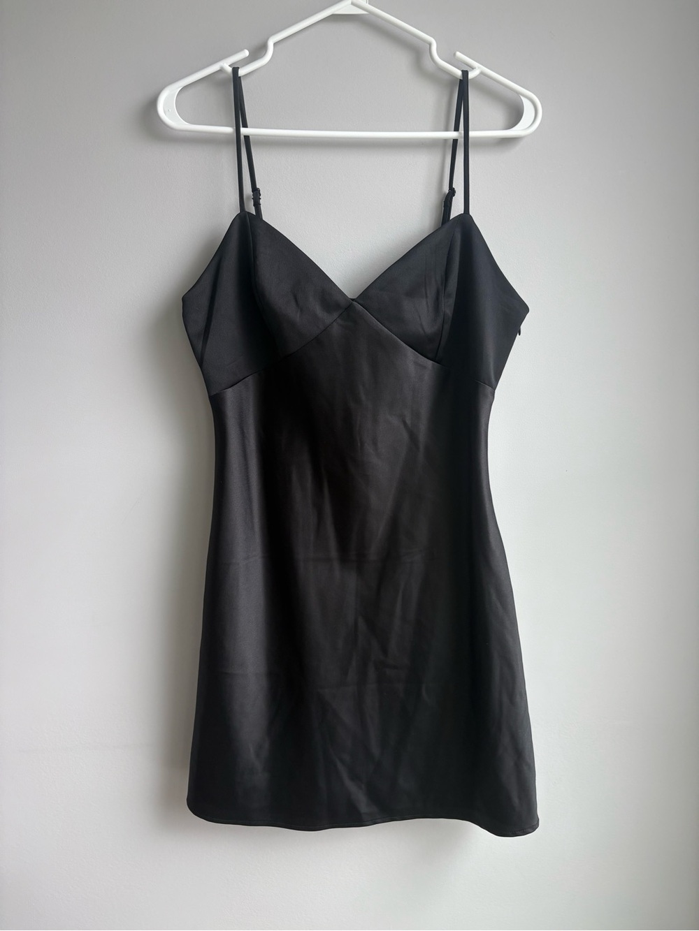 Divided Black Satin-Effect Slip with Adjustable Spaghetti Straps